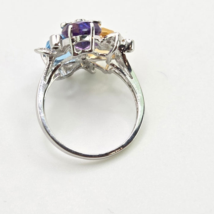 2852: Vintage 9ct Gold Topaz, Citrine, Amethyst 16 Natural Diamonds Cocktail Ring