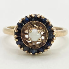 Load image into Gallery viewer, 2858: Vintage 9ct Gold White Opal 12 Blue Sapphires Openwork Ring- From 1971
