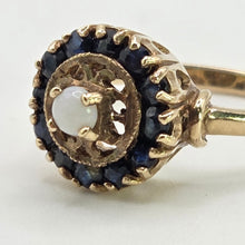 Load image into Gallery viewer, 2858: Vintage 9ct Gold White Opal 12 Blue Sapphires Openwork Ring- From 1971
