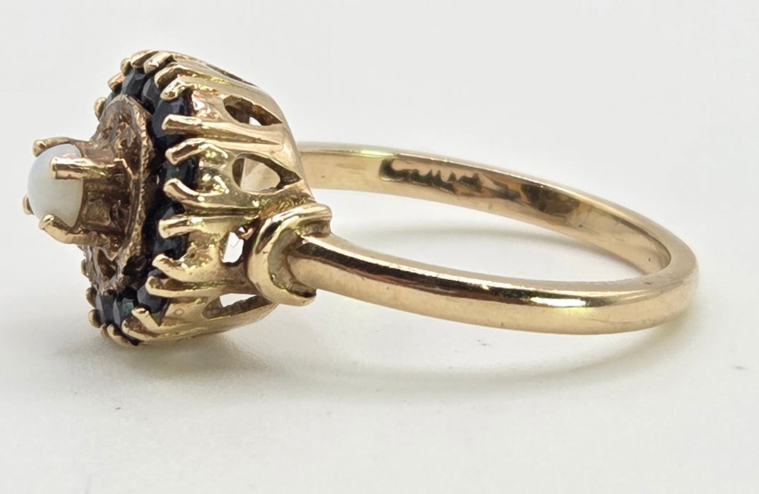 2858: Vintage 9ct Gold White Opal 12 Blue Sapphires Openwork Ring- From 1971