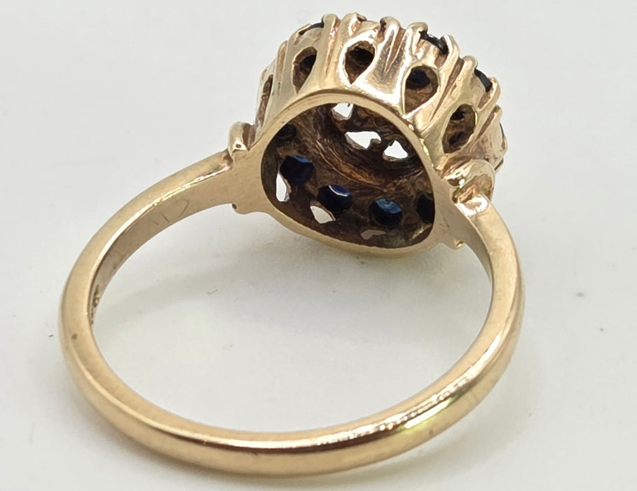 2858: Vintage 9ct Gold White Opal 12 Blue Sapphires Openwork Ring- From 1971
