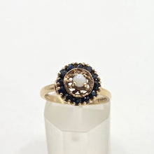 Load image into Gallery viewer, 2858: Vintage 9ct Gold White Opal 12 Blue Sapphires Openwork Ring- From 1971
