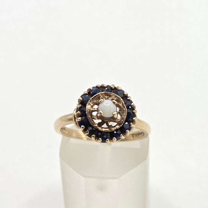 2858: Vintage 9ct Gold White Opal 12 Blue Sapphires Openwork Ring- From 1971