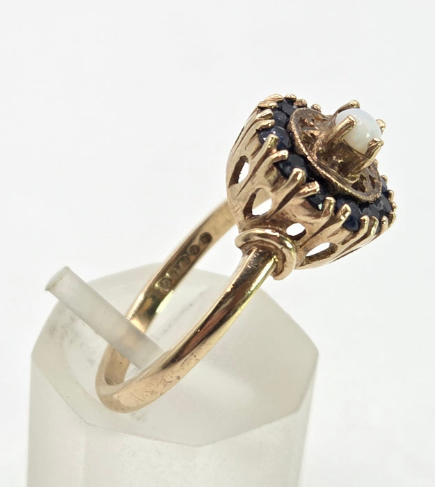 2858: Vintage 9ct Gold White Opal 12 Blue Sapphires Openwork Ring- From 1971