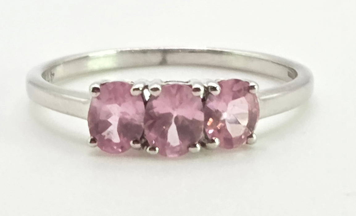 2860: Vintage 9ct White Gold Pink Sapphires Trilogy Ring