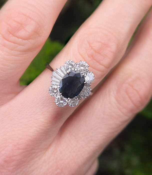 2898: Vintage 18ct White Gold Natural Diamonds (2.1ct) Sapphire Diana Style Cluster Ring