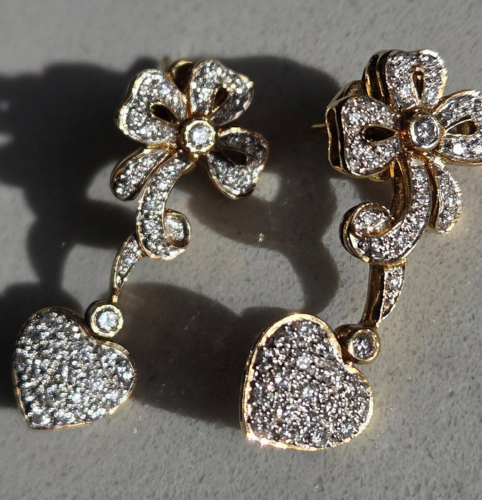 2677: Vintage 18ct Gold Diamonds Encrusted Heart Shaped Drop/Dangle Earrings