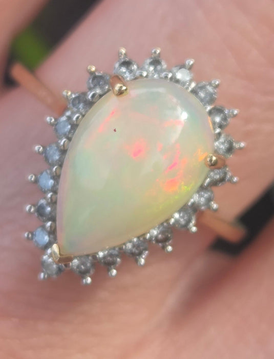 2899: Vintage 9ct Gold Pear Cut White Opal 21 Natural Diamonds Ring