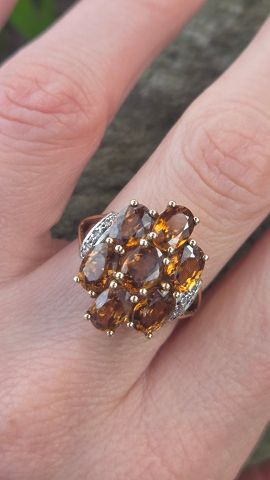 2981: Vintage Statement Orange Topaz Natural Diamonds Cluster Ring