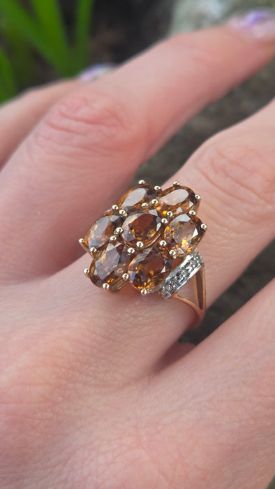 2981: Vintage Statement Orange Topaz Natural Diamonds Cluster Ring