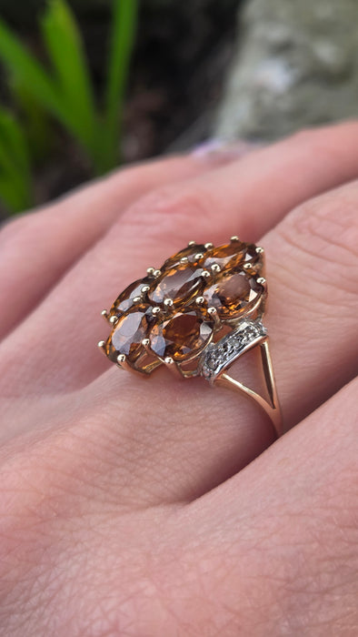 2981: Vintage Statement Orange Topaz Natural Diamonds Cluster Ring