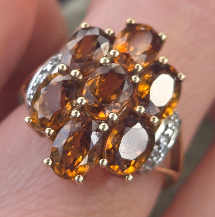 2981: Vintage Statement Orange Topaz Natural Diamonds Cluster Ring