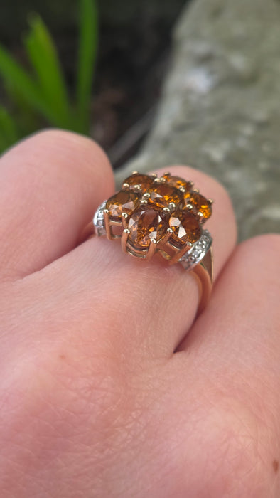 2981: Vintage Statement Orange Topaz Natural Diamonds Cluster Ring