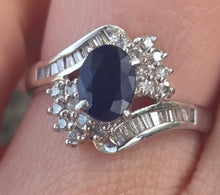 Load image into Gallery viewer, 2686: Vintage Platinum French Blue Sapphire 34 Diamonds Bypass Ring
