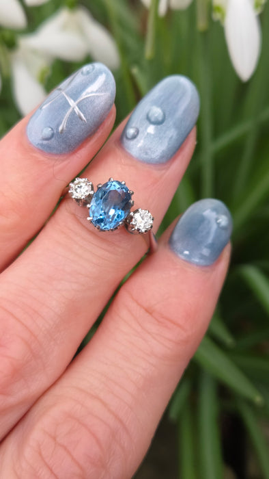 2467- Vintage Rare 18ct White Gold Platinum Aquamarine Diamonds 3-Stone Straight Ring