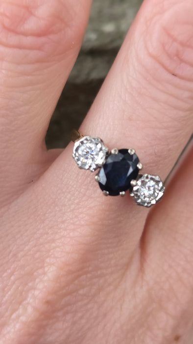 6379 Vintage: 18ct Yellow Gold 1.08ct Australian Blue Sapphire & 0.34ct Diamond Three Stone Ring