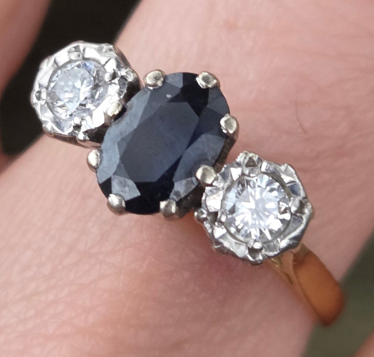 6379 Vintage: 18ct Yellow Gold 1.08ct Australian Blue Sapphire & 0.34ct Diamond Three Stone Ring