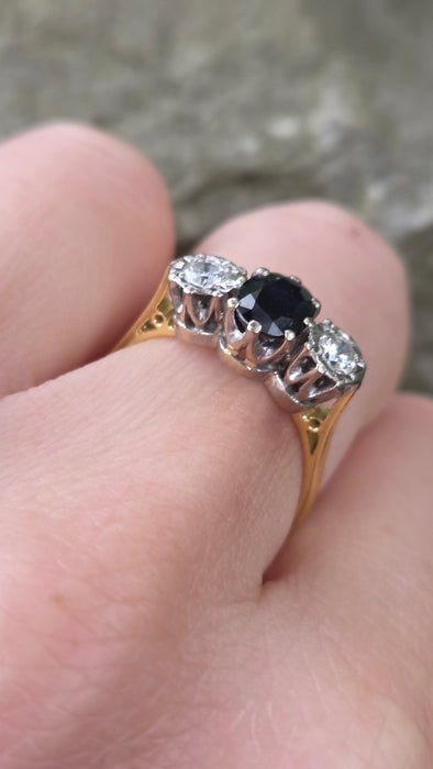 6379 Vintage: 18ct Yellow Gold 1.08ct Australian Blue Sapphire & 0.34ct Diamond Three Stone Ring