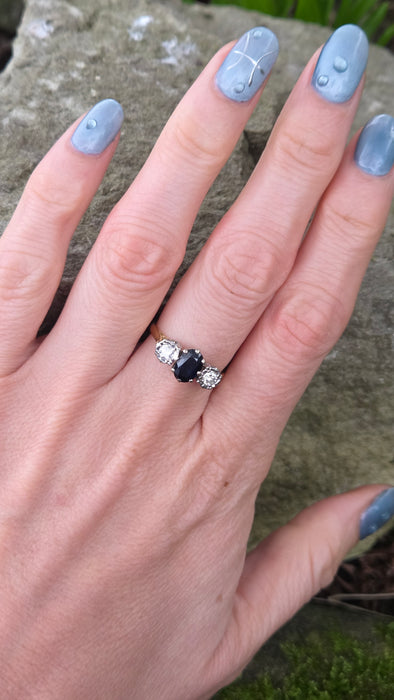 6379 Vintage: 18ct Yellow Gold 1.08ct Australian Blue Sapphire & 0.34ct Diamond Three Stone Ring