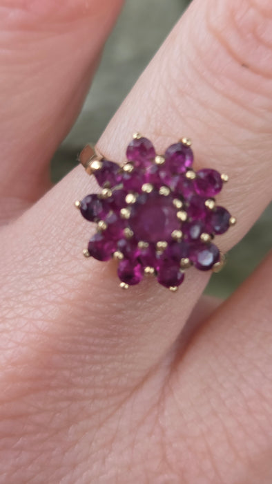 6438: Vintage; 9ct Gold 21 Rubies Flower Head Cocktail Ring- From 1979