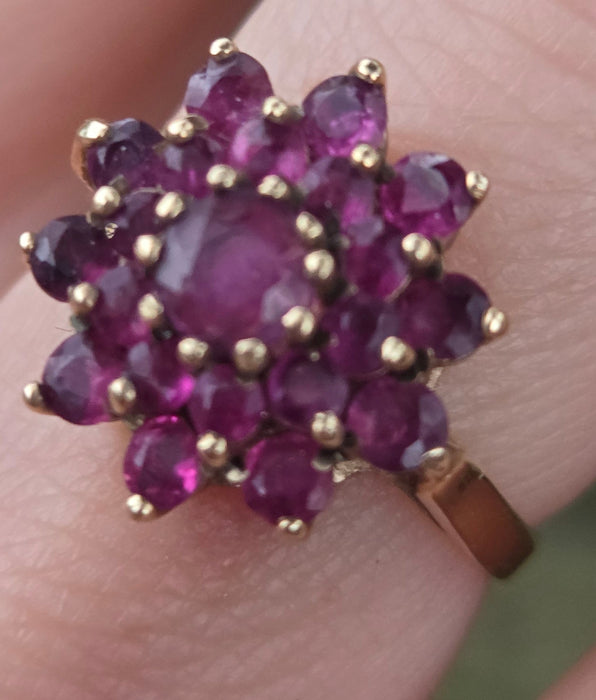 6438: Vintage; 9ct Gold 21 Rubies Flower Head Cocktail Ring- From 1979