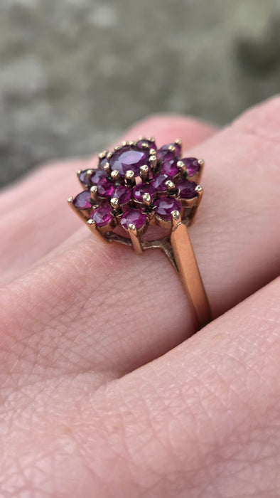 6438: Vintage; 9ct Gold 21 Rubies Flower Head Cocktail Ring- From 1979