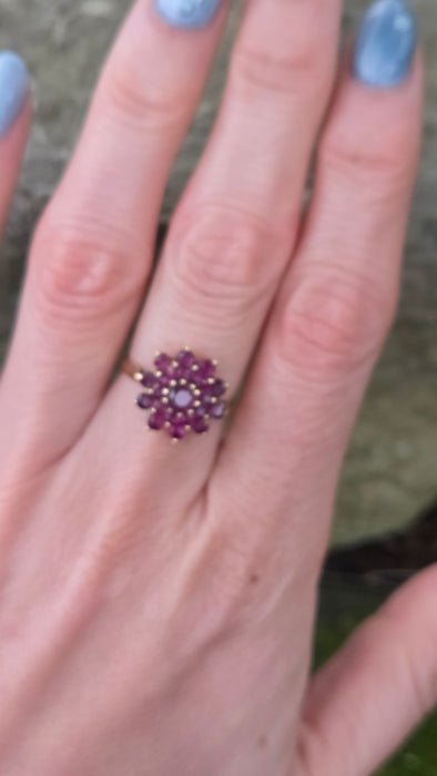 6438: Vintage; 9ct Gold 21 Rubies Flower Head Cocktail Ring- From 1979