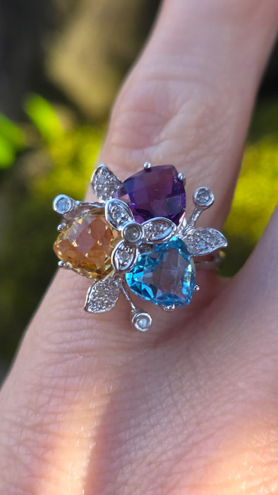 2852: Vintage 9ct Gold Topaz, Citrine, Amethyst 16 Natural Diamonds Cocktail Ring