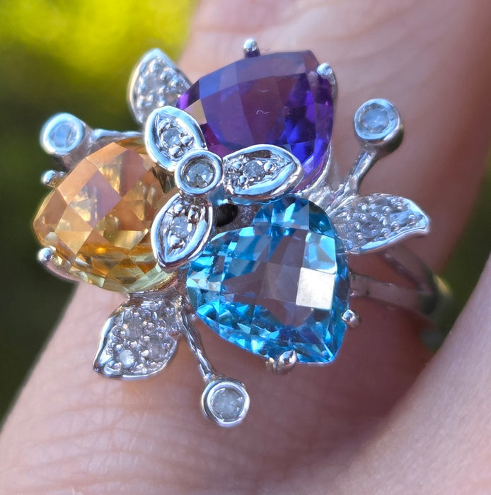 2852: Vintage 9ct Gold Topaz, Citrine, Amethyst 16 Natural Diamonds Cocktail Ring