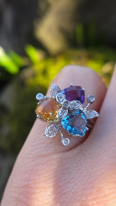 2852: Vintage 9ct Gold Topaz, Citrine, Amethyst 16 Natural Diamonds Cocktail Ring