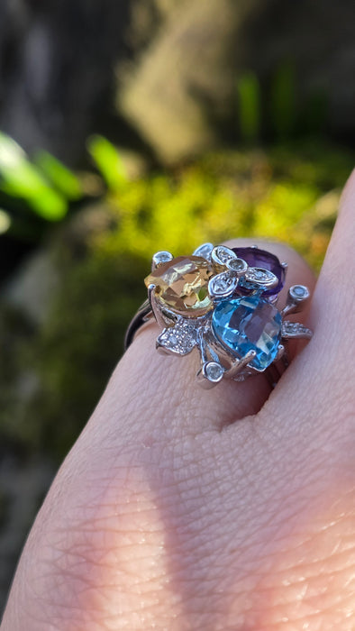 2852: Vintage 9ct Gold Topaz, Citrine, Amethyst 16 Natural Diamonds Cocktail Ring