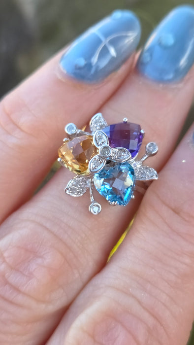 2852: Vintage 9ct Gold Topaz, Citrine, Amethyst 16 Natural Diamonds Cocktail Ring