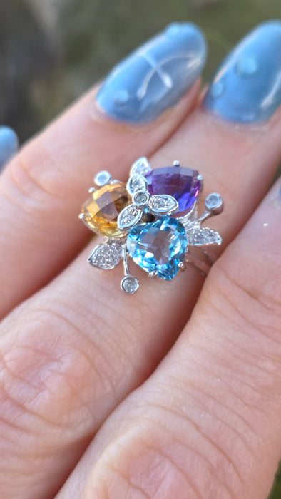 2852: Vintage 9ct Gold Topaz, Citrine, Amethyst 16 Natural Diamonds Cocktail Ring