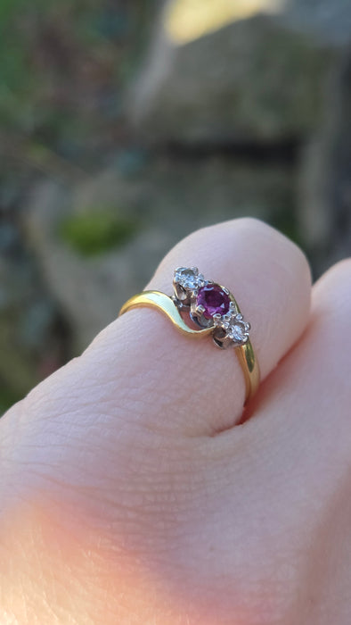2846: Vintage 18t Gold Ruby & Natural  Diamonds Bypass Ring