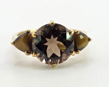 Load image into Gallery viewer, 2872: Vintage 9ct Gold Smokey Quartz Tigers Eye Trilogy Ring

