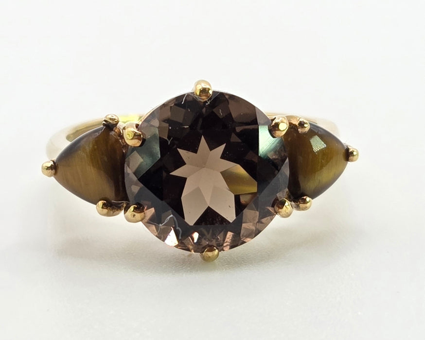2872: Vintage 9ct Gold Smokey Quartz Tigers Eye Trilogy Ring