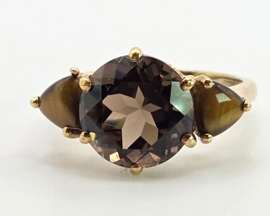 2872: Vintage 9ct Gold Smokey Quartz Tigers Eye Trilogy Ring