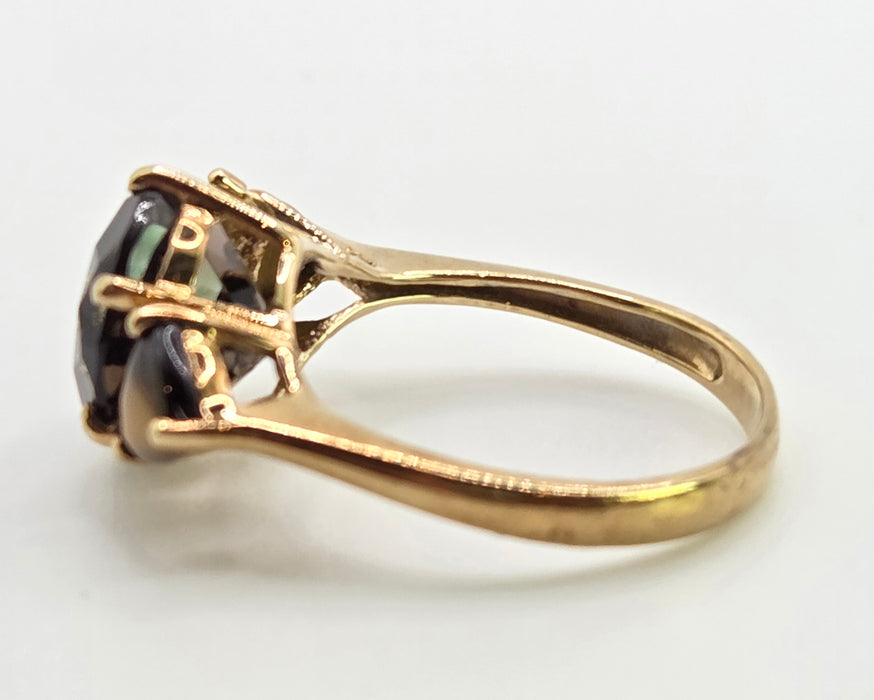 2872: Vintage 9ct Gold Smokey Quartz Tigers Eye Trilogy Ring
