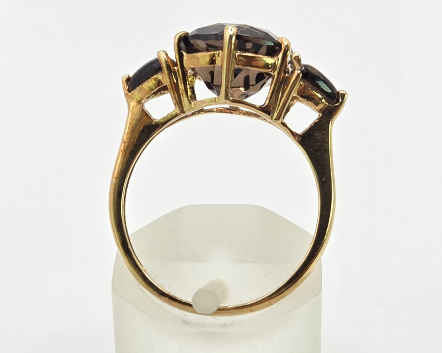 2872: Vintage 9ct Gold Smokey Quartz Tigers Eye Trilogy Ring