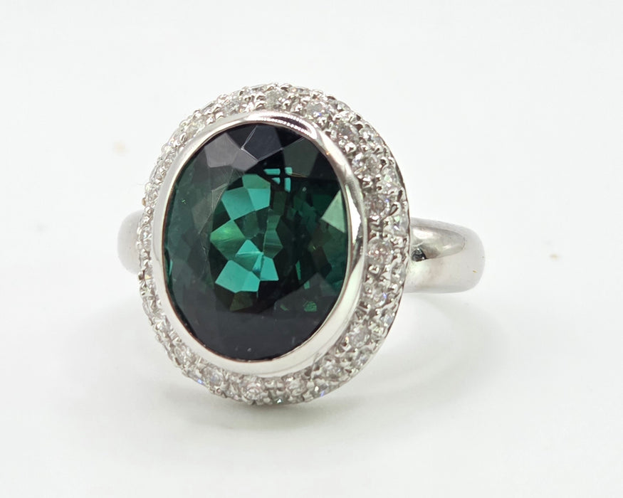 2991 Vintage: 18ct White Gold 6.3ct Oval Tourmaline & Diamond Ring