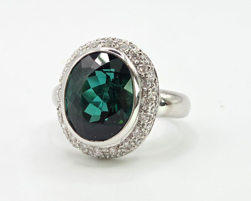 2991 Vintage: 18ct White Gold 6.3ct Oval Tourmaline & Diamond Ring