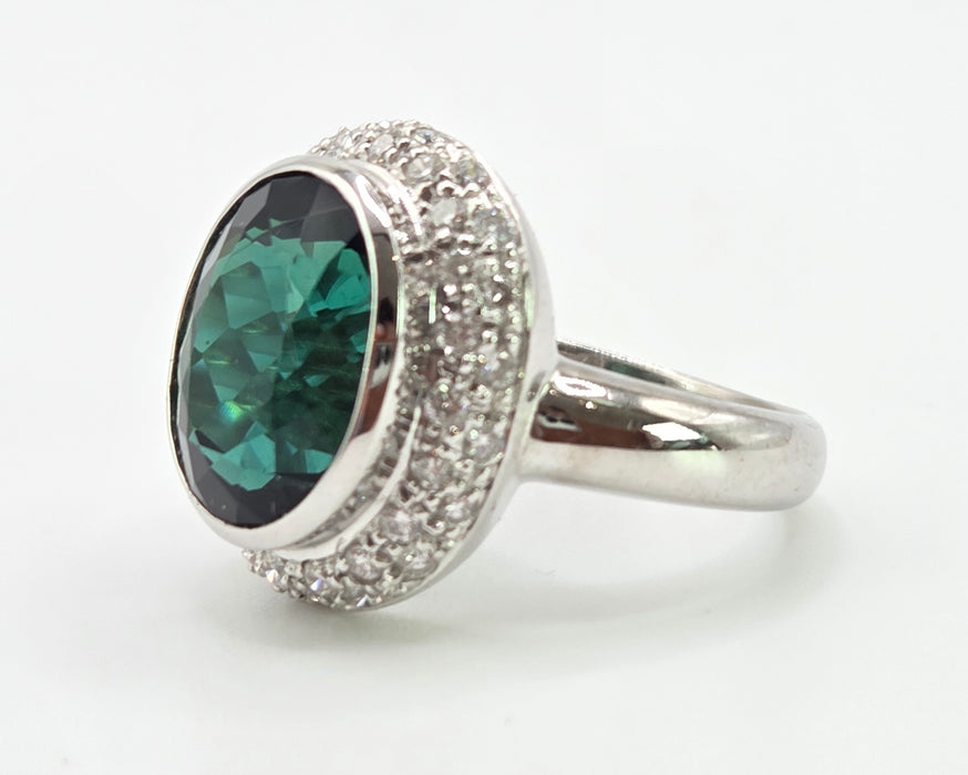 2991 Vintage: 18ct White Gold 6.3ct Oval Tourmaline & Diamond Ring