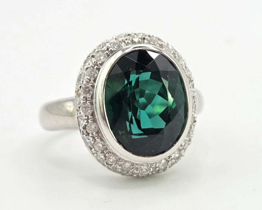 2991 Vintage: 18ct White Gold 6.3ct Oval Tourmaline & Diamond Ring