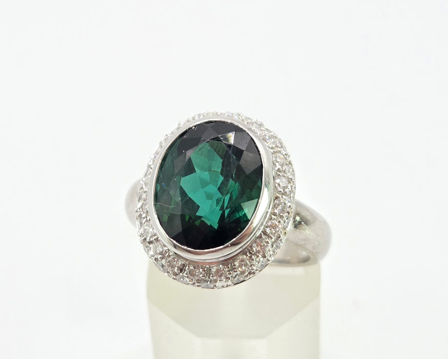 2991 Vintage: 18ct White Gold 6.3ct Oval Tourmaline & Diamond Ring