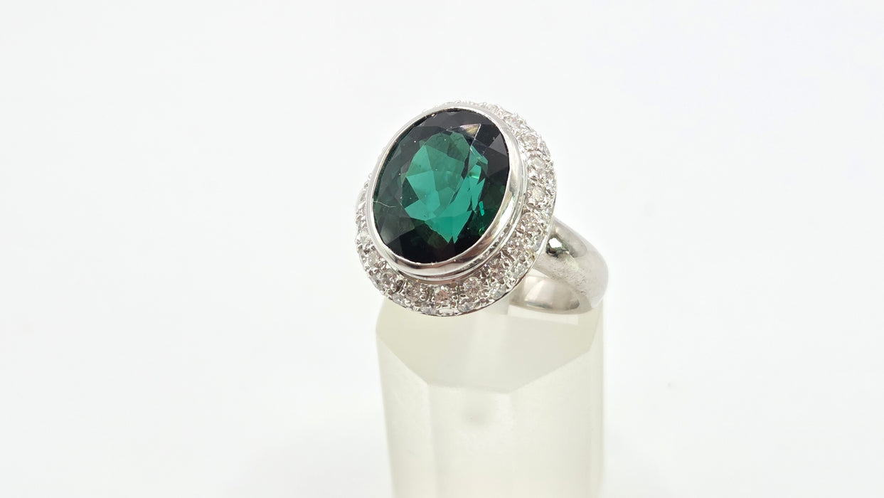 2991 Vintage: 18ct White Gold 6.3ct Oval Tourmaline & Diamond Ring