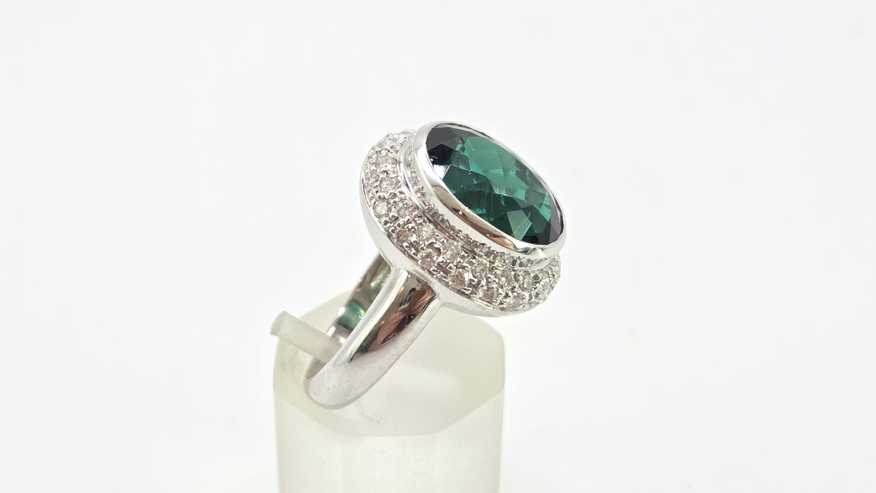 2991 Vintage: 18ct White Gold 6.3ct Oval Tourmaline & Diamond Ring