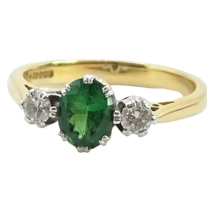 2873: Vintage 18ct Gold Green Garnet & Diamonds 3-Stone Straight Ring