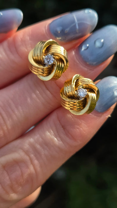 6471 Vintage; Classic 18ct Gold  Diamonds (0.2ct) Knot Earrings- From 1971