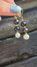 Load image into Gallery viewer, 2982: Vintage 14ct Gold  Black &amp; White Cultured Pearls Drop Dangle Earrings
