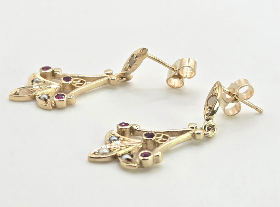 2853: Vintage 9ct Gold Seed Pearls & Rubies Drop Dangle Earrings